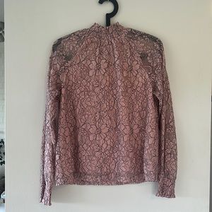 Pink floral, lacy blouse with sheer sleeves